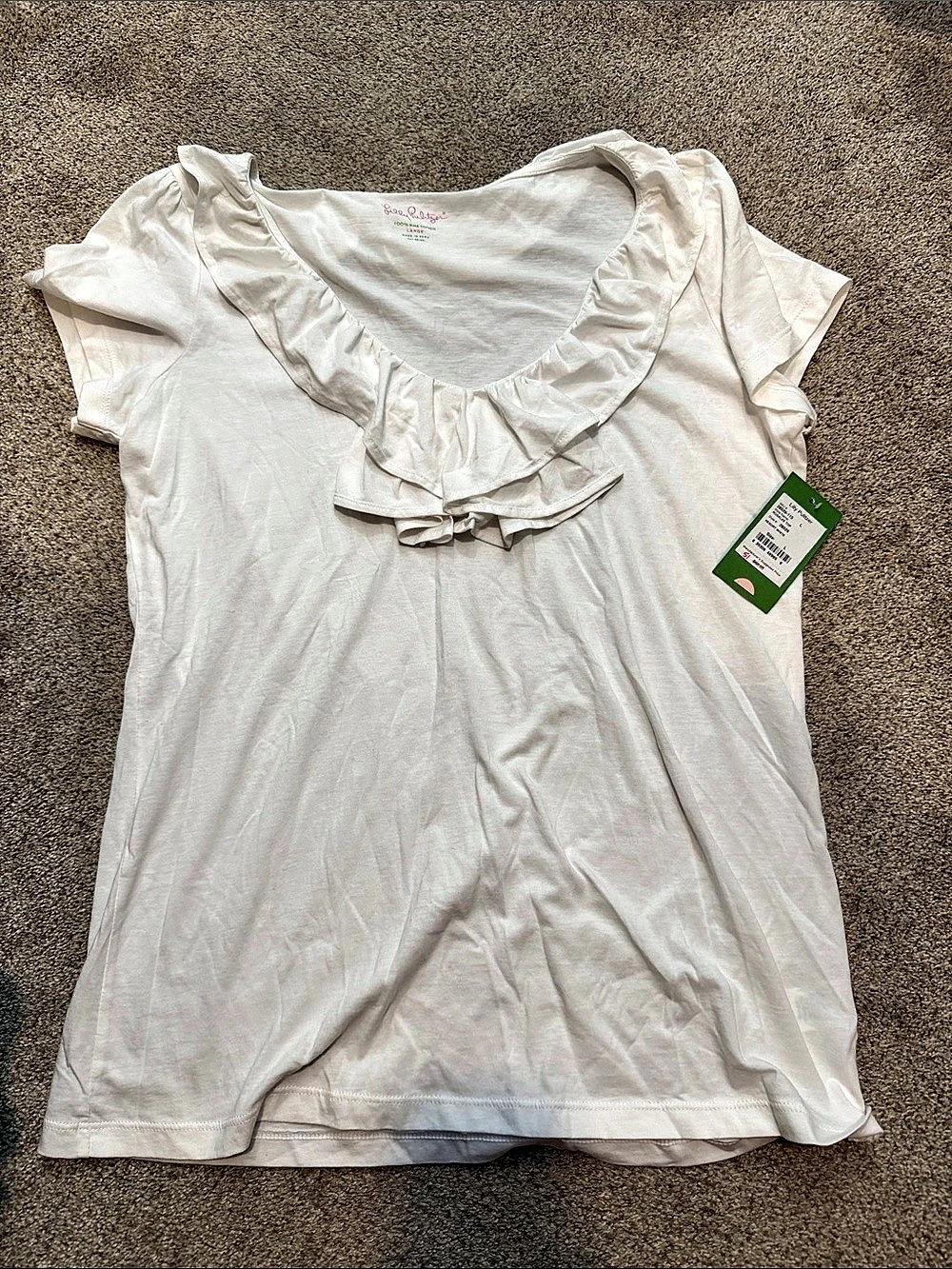 Lilly Pulitzer Brand Ruffle Neck Short Sleeve Top in White NWT